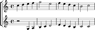 \new ChoirStaff <<
\new Staff {
\relative c'' {
\key c \major
\time 4/4
c4 d e f | g2 e | f4 e d c | b2 c
}
}
\new Staff {
\relative c' {
\key c \major
\time 4/4
r2 g4 a | b c d2 | e4 d c b | c2 c
}
}
>>