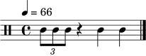 \relative c' { \clef percussion \time 4/4 \tempo 4 = 66 \tuplet 3/2 { c8 c8 c8 } r4 c4 c4 \bar "|." }
