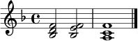 \relative c' {
\key f \major
\time 4/4
<bes d f>2 <bes e f>2 |
<a c f>1 |
\bar "|."
}