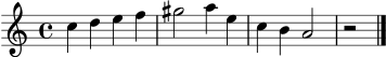 \score {
\new Staff {
\clef treble
\key a \minor
\time 4/4
c''4 d'' e'' f'' gis''2 a''4 e'' c'' b' a'2 r2 \bar "|."
}
\layout { }
\midi { \tempo 4 = 70 }
}