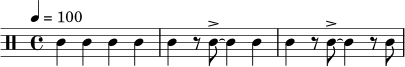 \relative c' {
\tempo 4 = 100
\clef percussion
\time 4/4
c4 c4 c4 c4 | c4 r8 c8->~ c4 c4 | c4 r8 c8->~ c4 r8 c8 |
}