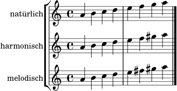 \version "2.22.0"
\header { tagline = ##f }
\score {
\new StaffGroup <<
\new Staff \with { instrumentName = "natürlich" } { \clef treble \key a \minor \time 4/4 a'4 b' c'' d'' | e'' f'' g'' a'' \bar "|." }
\new Staff \with { instrumentName = "harmonisch" } { \clef treble \key a \minor \time 4/4 a'4 b' c'' d'' | e'' f'' gis'' a'' \bar "|." }
\new Staff \with { instrumentName = "melodisch" } { \clef treble \key a \minor \time 4/4 a'4 b' c'' d'' | e'' fis'' gis'' a'' \bar "|." }
>>
\layout { }
\midi { \tempo 4 = 76 }
}
