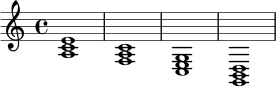 \relative c' {
\key a \minor
\time 4/4
<a c e>1 | <f a c>1 | <c e g>1 | <g b d>1 |
}