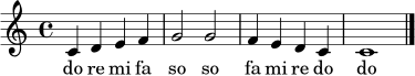 \relative c' {
\clef treble
\key c \major
\time 4/4
c4 d e f | g2 g | f4 e d c | c1 \bar "|."
}
\addlyrics { do re mi fa so so fa mi re do do }