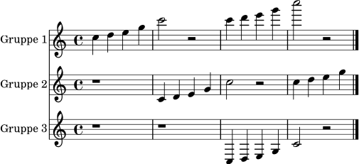 <<
\new Staff \with { instrumentName = "Gruppe 1" midiInstrument = "violin" } \relative c'' { \key c \major \time 4/4 c4 d e g | c2 r | c4 d e g | c2 r \bar "|." }
\new Staff \with { instrumentName = "Gruppe 2" midiInstrument = "viola" } \relative c' { \key c \major \time 4/4 r1 | c4 d e g | c2 r | c4 d e g \bar "|." }
\new Staff \with { instrumentName = "Gruppe 3" midiInstrument = "cello" } \relative c { \key c \major \time 4/4 r1 | r1 | c4 d e g | c2 r \bar "|." }
>>
