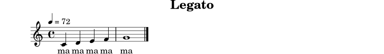 
X:3
T:Legato
M:4/4
L:1/4
Q:1/4=72
K:C
C D E F | G4 |]
w: ma ma ma ma ma
