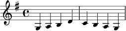 \relative c' {
\key g \major
\time 4/4
g4 a b d | c b a g |
}