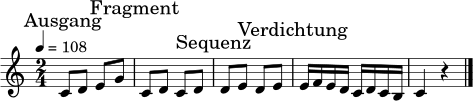 \relative c' {
\key c \major
\time 2/4
\tempo 4 = 108
\mark \markup { "Ausgang" }
c8 d e g |
\mark \markup { "Fragment" }
c,8 d c d |
\mark \markup { "Sequenz" }
d8 e d e |
\mark \markup { "Verdichtung" }
e16 f e d c d c b | c4 r \bar "|."
}