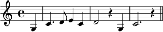 
\relative c' {
  \key c \major
  \time 4/4
  \partial 4 g4 | c4. d8 e4 c | d2 r4 g, | c2. r4 | \bar "||"
}
