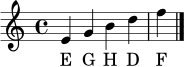 \language "deutsch"
\relative c' {
\clef treble
e4 g h d f
\bar "|."
}
\addlyrics { E G H D F }