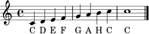 \relative c' {
\clef treble
\time 4/4
c4 d e f | g a b c | c1 \bar "|."
}
\addlyrics { C D E F G A H C C }
