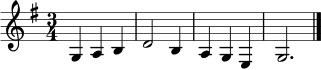 
\relative c' {
  \set Staff.midiInstrument = "flute"
  \clef treble
  \key g \major
  \time 3/4
  g4 a b | d2 b4 | a g e | g2. \bar "|."
}

