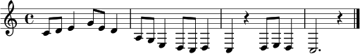 \relative c' { \time 4/4 \key c \major c8 d e4 g8 e d4 | a8 g e4 d8 c d4 | c4 r d8 e d4 | c2. r4 \bar "|." }