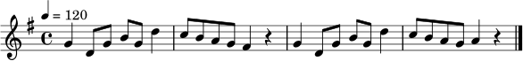 
\relative c'' {
  \key g \major
  \time 4/4
  \tempo 4 = 120
  g4 d8 g b g d'4 | c8 b a g fis4 r |
  g4 d8 g b g d'4 | c8 b a g a4 r \bar "|."
}
