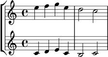 \new StaffGroup <<
\new Staff \relative c'' {
\time 4/4
\key c \major
e4 f g e |
d2 c2 |
}
\new Staff \relative c' {
\time 4/4
\key c \major
c4 d e c |
b2 c2 |
}
>>