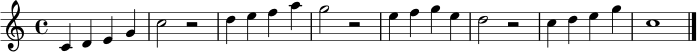 \relative c' { \clef treble \key c \major \time 4/4 c4 d e g | c2 r2 | d4 e f a | g2 r2 | e4 f g e | d2 r2 | c4 d e g | c,1 \bar "|." }