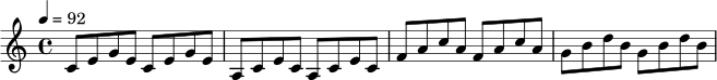 
\relative c' {
  \key c \major
  \time 4/4
  \tempo 4=92
  c8 e g e c e g e |
  a, c e c a c e c |
  f a c a f a c a |
  g b d b g b d b |
}

