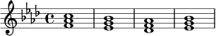 \relative c' {
\key f \minor
\time 4/4
<f aes c>1 |
<ees g bes>1 |
<des f aes>1 |
<ees g bes>1 |
}