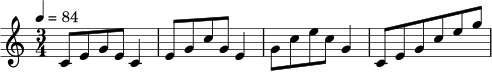 
\relative c' {
  \clef treble
  \key c \major
  \time 3/4
  \tempo 4 = 84
  c8 e g e c4
  e8 g c g e4
  g8 c e c g4
  c,8 e g c e g
}
