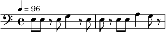 \relative c {
\clef bass
\time 4/4
\tempo 4 = 96
e8 e r e g4 r8 e |
e8 r e e a4 g8 r |
}