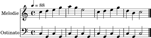 \version "2.24.0"
\score {
<<
\new Staff \with { instrumentName = "Melodie" } \relative c'' {
\clef treble
\key c \major
\time 4/4
\tempo 4 = 88
c4 d e g | a4 g e2 | c4 d e g | d4 b c2 \bar "|."
}
\new Staff \with { instrumentName = "Ostinato" } \relative c {
\clef bass
\key c \major
\time 4/4
c4 g c g | c4 g c g | c4 g c g | c4 g c2 \bar "|."
}
>>
\layout { }
\midi { }
}