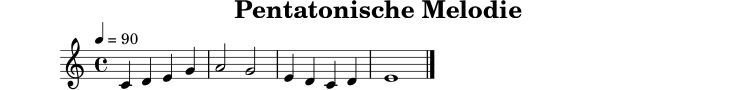 
X:6
T:Pentatonische Melodie
M:4/4
L:1/4
Q:1/4=90
K:C
C D E G | A2 G2 | E D C D | E4 |]
