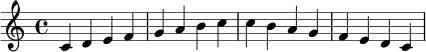 {
\clef treble
\time 4/4
c'4 d' e' f' | g' a' b' c'' | c'' b' a' g' | f' e' d' c' |
}