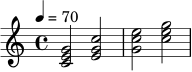 
\relative c' {
  \clef treble
  \key c \major
  \time 4/4
  \tempo 4 = 70
  <c e g>2
  <e g c>2
  <g c e>2
  <c e g>2
}

