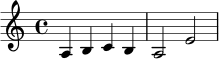 \relative c' {
\key a \minor
\time 4/4
a4 b c b | a2 e'2 |
}