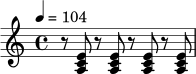 
\relative c' {
  \time 4/4
  \tempo 4 = 104
  r8 <a c e>8 r8 <a c e>8 r8 <a c e>8 r8 <a c e>8
}
