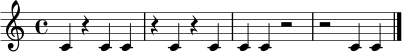 \version "2.22.0"
\paper { indent = 0 }
\score {
\new Staff {
\clef treble
\time 4/4
c'4 r4 c'4 c'4 |
r4 c'4 r4 c'4 |
c'4 c'4 r2 |
r2 c'4 c'4 |
\bar "|."
}
\layout { }
\midi { \tempo 4 = 84 }
}