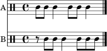 \paper { indent = 0\mm }
\score {
<<
\new Staff \with { instrumentName = #"A" } { \clef percussion \time 4/4 c'8 c'8 c'4 c'8 c'8 c'4 \bar "|." }
\new Staff \with { instrumentName = #"B" } { \clef percussion \time 4/4 r8 c'8 c'8 c'4 c'8 c'8 c'8 \bar "|." }
>>
\layout { }
\midi { \tempo 4 = 92 }
}