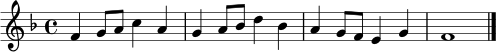 \relative c' {
\clef treble
\key f \major
\time 4/4
f4 g8 a c4 a | g4 a8 bes d4 bes | a4 g8 f e4 g | f1 \bar "|."
}