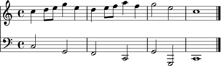 <<
\new Staff \relative c'' {
\clef treble
\key c \major
\time 4/4
c4 d8 e g4 e | d4 e8 f a4 f | g2 e2 | c1 \bar "|."
}
\new Staff \relative c {
\clef bass
\key c \major
\time 4/4
c2 g | f2 c | g'2 g, | c1 \bar "|."
}
>>