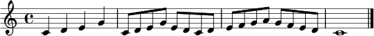 \relative c' {
\clef treble
\key c \major
\time 4/4
c4 d e g | c,8 d e g e d c d | e8 f g a g f e d | c1 \bar "|."
}