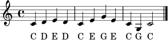 \relative c' { \clef treble \key c \major \time 4/4 c4 d e d c e g e c g c2 \bar "|." }
\addlyrics { C D E D C E G E C G C }