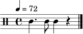 \relative c' { \clef percussion \time 4/4 \tempo 4 = 72 c4. c8 c4 r4 \bar "|." }