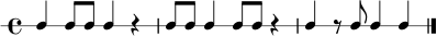 
\paper { indent = 0 }
\header { tagline = ##f }
\score {
  \new RhythmicStaff {
    \time 4/4
    c4 c8 c8 c4 r4 | c8 c8 c4 c8 c8 r4 | c4 r8 c8 c4 c4 \bar "|."
  }
  \layout { }
  \midi { \tempo 4 = 96 }
}
