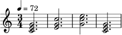 {
\clef treble
\time 3/4
\tempo 4 = 72
<c' e' g'>2.
<e' g' c''>2.
<g' c'' e''>2.
<c' e' g'>2.
}