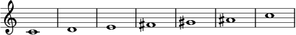 \new Staff \with { \remove "Time_signature_engraver" } {
\clef treble
\set Score.defaultBarType = "empty"
c'1 d' e' fis' gis'
\set Score.defaultBarType = "|"
ais'
\set Score.defaultBarType = "empty"
c''
}