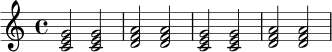 \relative c' {
\key c \major
\time 4/4
<c e g>2 <c e g> |
<d f a>2 <d f a> |
<c e g>2 <c e g> |
<d f a>2 <d f a> |
}