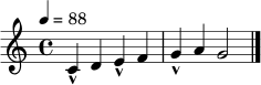 
\relative c' {
  \time 4/4
  \key c \major
  \tempo 4 = 88
  c4-^ d e-^ f | g4-^ a g2 | \bar "|."
}

