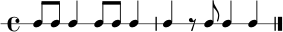 
\new RhythmicStaff { \time 4/4 c8 c8 c4 c8 c8 c4 | c4 r8 c8 c4 c4 \bar "|." }
