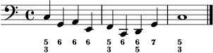 
\score {
  <<
    \new Staff \relative c {
      \clef bass
      \key c \major
      \time 4/4
      c4 g a e | f c d g | c1 \bar "|."
    }
    \new FiguredBass \figuremode {
      <5 3>4 <6> <6> <6> | <5 3> <6> <6 5> <7> | <5 3>1
    }
  >>
  \layout { }
  \midi { \tempo 4 = 88 }
}
