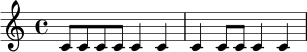 \relative c' {
\time 4/4
c8 c c c c4 c |
c4 c8 c c4 c |
}