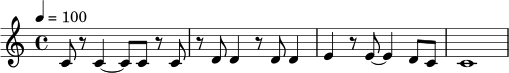 \relative c' {
\time 4/4
\tempo 4 = 100
c8 r8 c4~ c8 c8 r8 c8 |
r8 d8 d4 r8 d8 d4 |
e4 r8 e8~ e4 d8 c8 |
c1
}