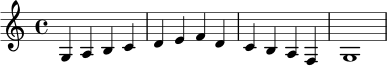 \relative c' {
\time 4/4
g4 a b c |
d4 e f d |
c4 b a f |
g1
}