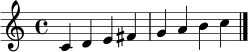 
\relative c' {
  \clef treble
  \key c \major
  \time 4/4
  c4 d e fis | g a b c \bar "|."
}
