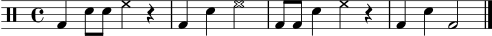 
\score {
  \new DrumStaff \drummode {
    \time 4/4
    bd4 sn8 sn hh4 r |
    bd4 sn hh2 |
    bd8 bd sn4 hh4 r |
    bd4 sn bd2 \bar "|."
  }
  \layout { }
  \midi { }
}
