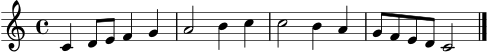 \language "deutsch"
\score {
\new Staff {
\clef treble
\key c \major
\time 4/4
c'4 d'8 e'8 f'4 g'4 | a'2 h'4 c''4 | c''2 h'4 a'4 | g'8 f'8 e'8 d'8 c'2 \bar "|."
}
\layout { }
\midi { \tempo 4 = 76 }
}